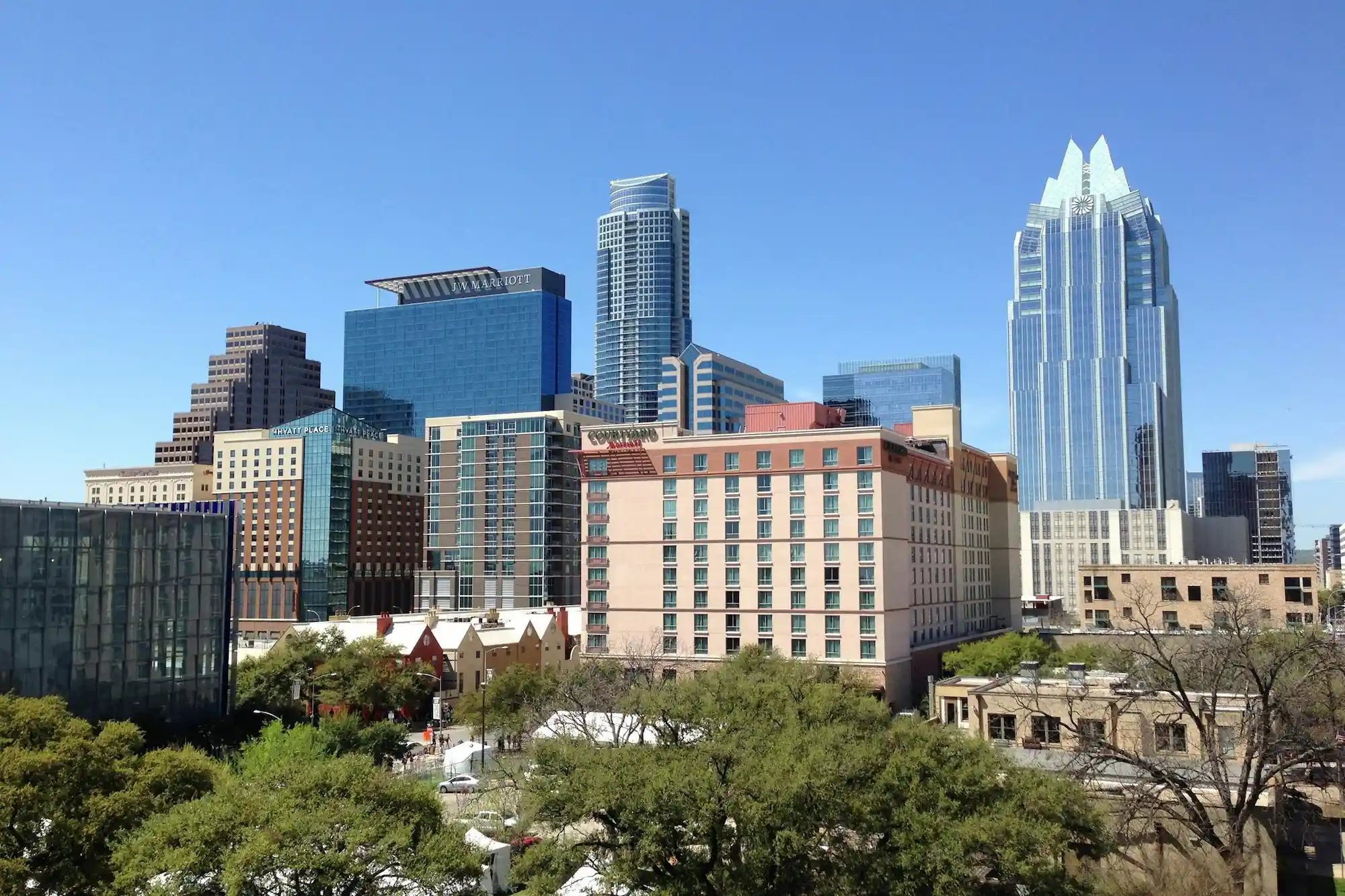 Panoramic view of laredo, Texas skyline with corporate buildings and hotels, reflecting economic growth and nearshoring opportunities in the region.
