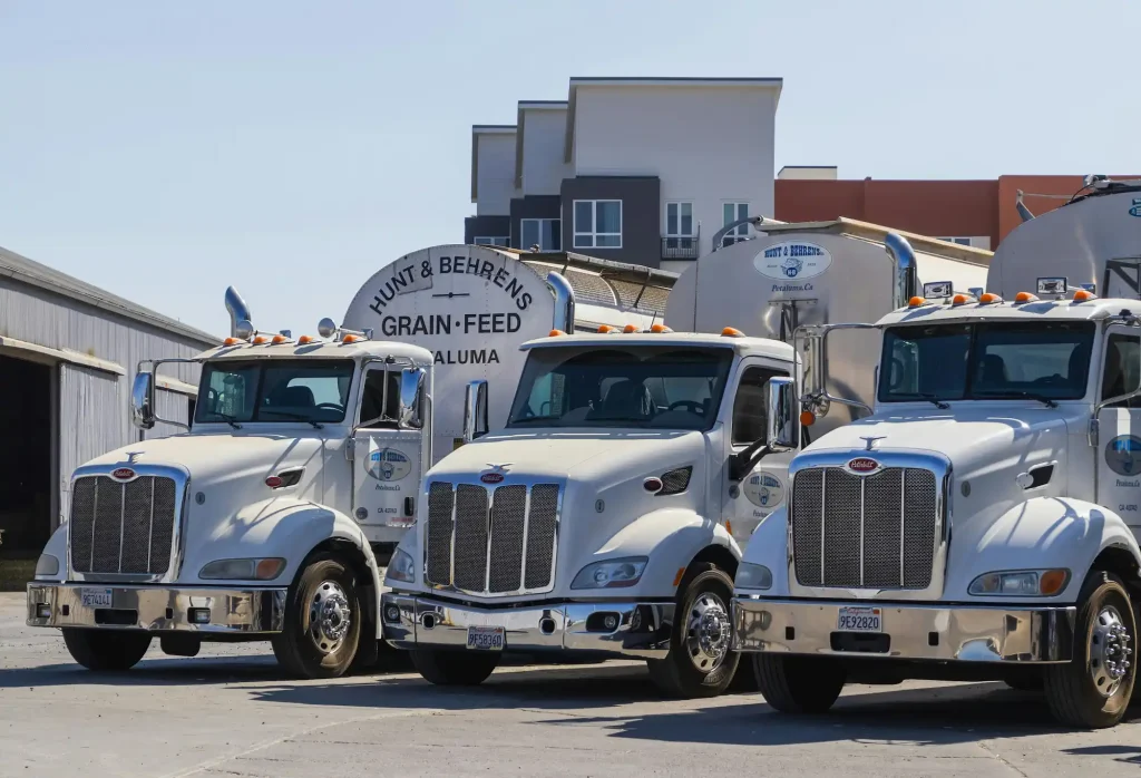 Fleet of white semi-trucks parked at a grain and feed facility, representing freight transportation, logistics, and supply chain operations in the U.S.