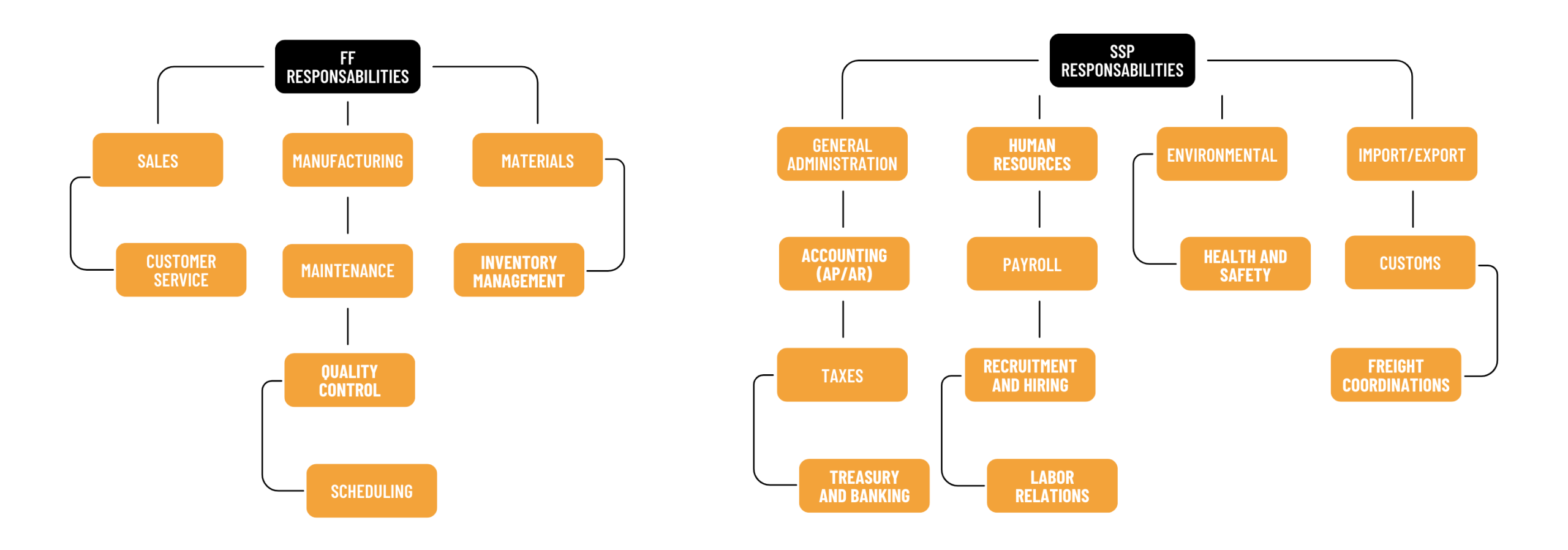 DIMSA shelter in Mexico: chart showing FF and SSP responsibilities including sales, manufacturing, HR, payroll, import/export, taxes, EHS compliance and back office services.