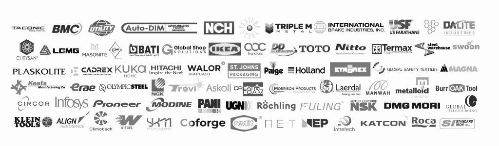 Logos of Dimsa partners and clients including IKEA, Hitachi, Infosys, Magna, DMG Mori, Roca, and other global companies trusting Dimsa’s industrial automation, engineering, and manufacturing solutions.