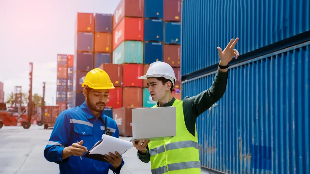 Two workers in safety gear discussing operations at a shipping container yard.