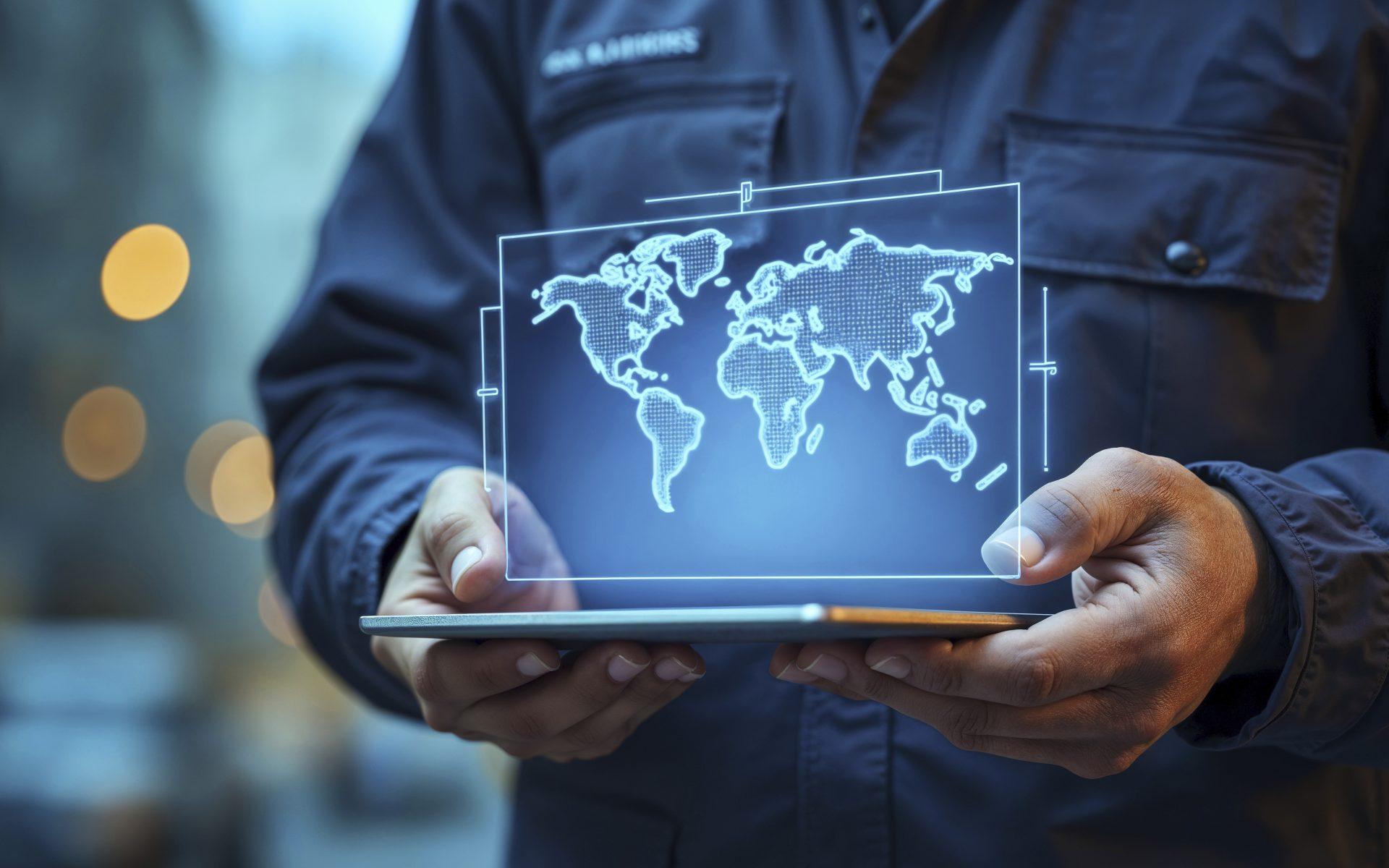 Business professional holding a digital world map hologram, symbolizing global operations, nearshoring, and labor compliance strategies in Mexico.