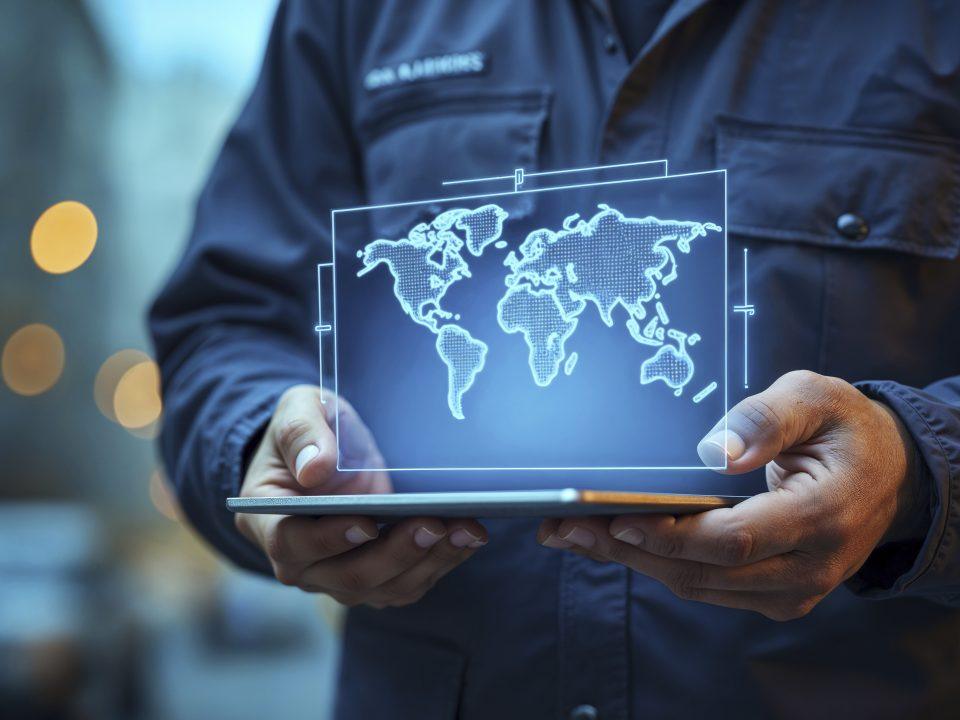 Business professional holding a digital world map hologram, symbolizing global operations, nearshoring, and labor compliance strategies in Mexico.